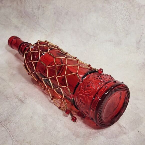 Vtg Red 12.75" Tall Glass Bottle w Hand Beaded Detailing - Picture 9 of 10